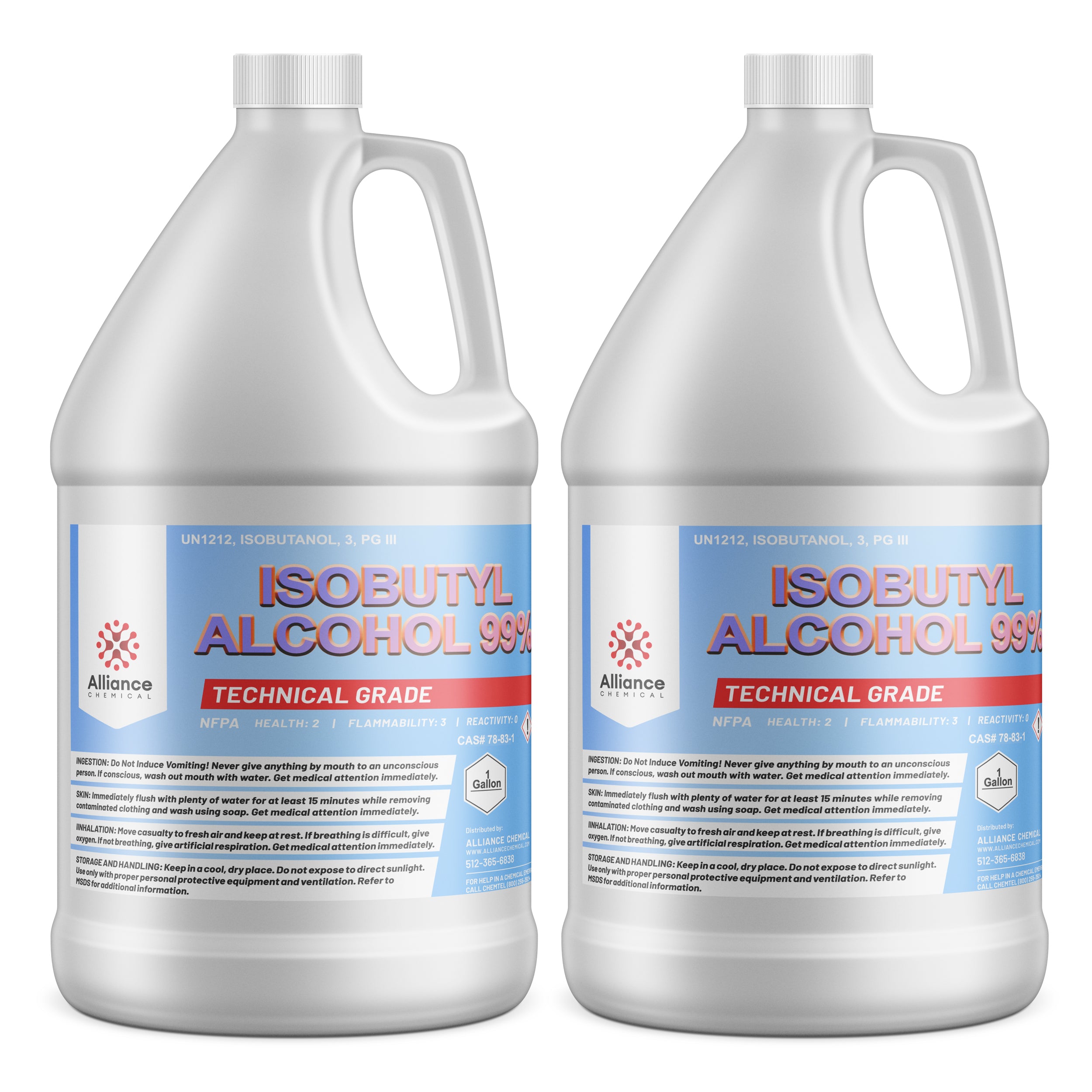 2-gallon HDPE jugs of technical-grade Isobutyl Alcohol 99%, UN1212, with NFPA hazard diamond, safety warnings, and Alliance Chemical branding.